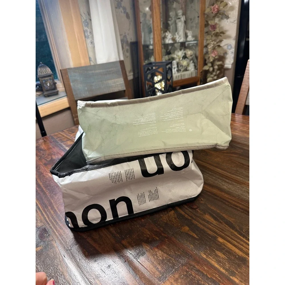 Lululemon Large Reusable Shopping Tote Bags Set of 2 Black White Cream with Logo